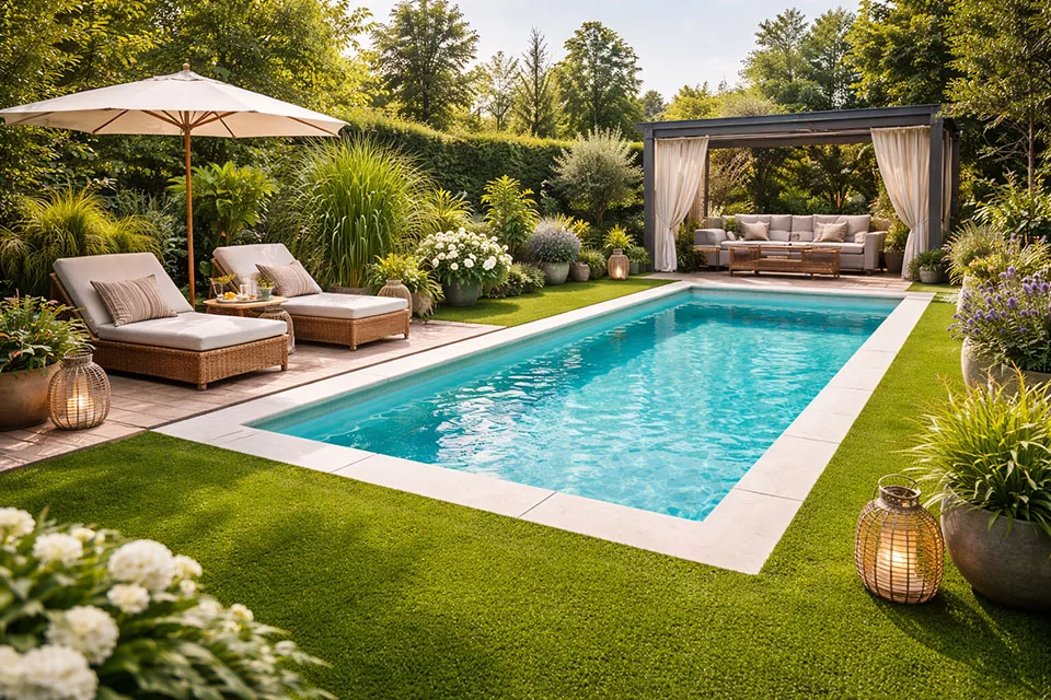 Pool im Garten mit Kunstrasen